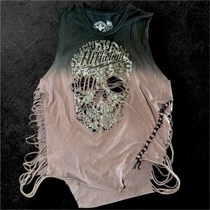 Affliction Super Distressed Black/Grey Ombré Tank Top w/Skull Graphic. Size M